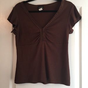 Brown V Neck Short Sleeved Top